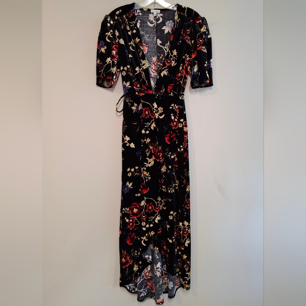 Floral Velvet Wrap Maxi Dress - Black with Red & Gold Floral Size Small Soft